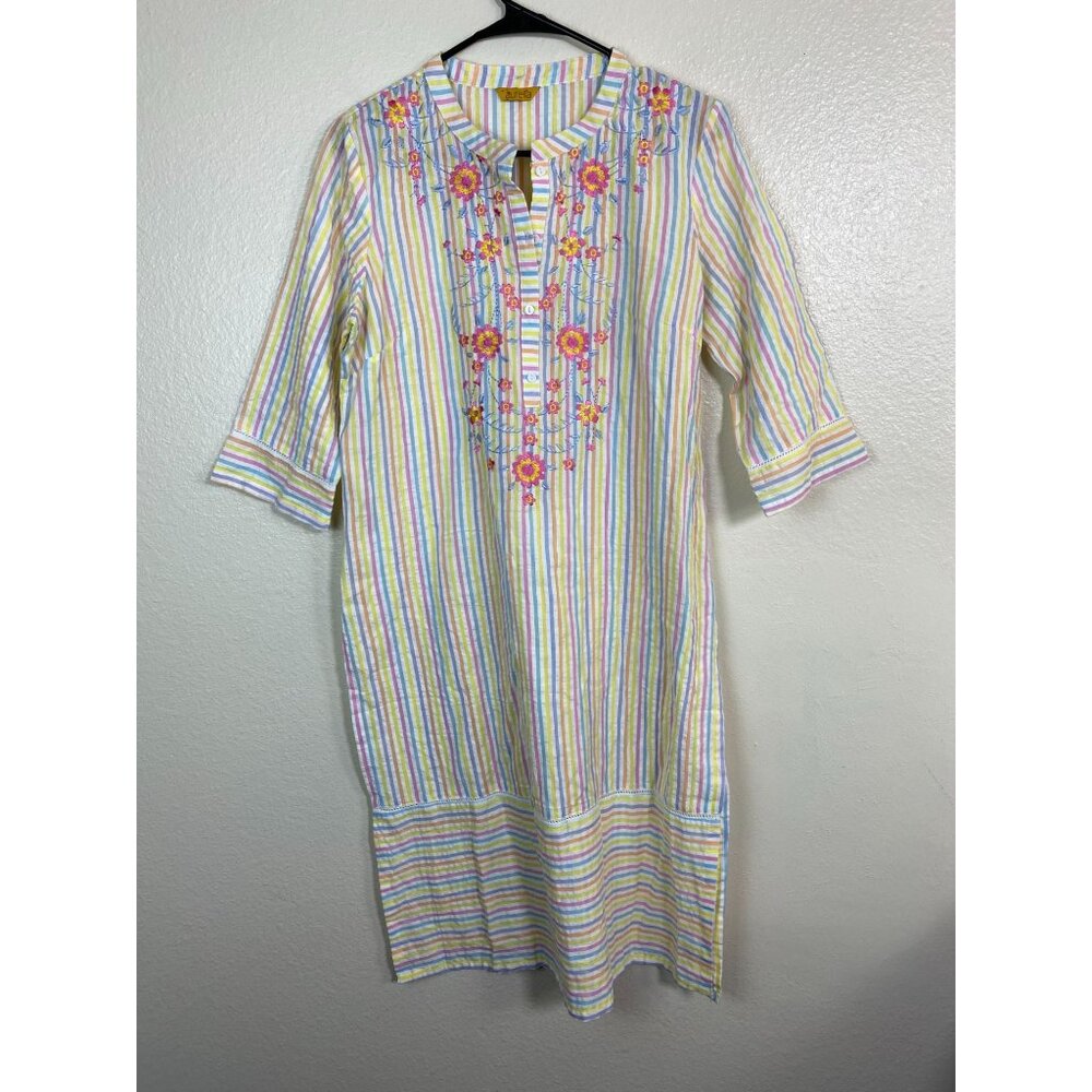 Aurelia Kurta Tunic Top Sz Large Rainbow Butter Striped Floral Embroidered Boho